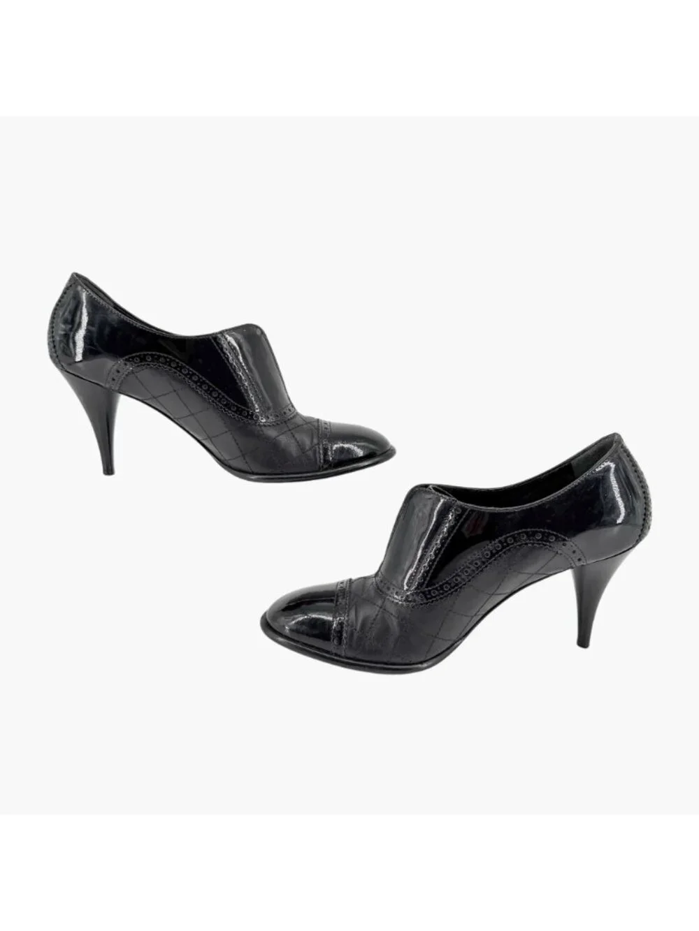 Chanel Black Brogue Ankle Booties Size 40 US 9-9.5 Women's Quilted Leather Heels